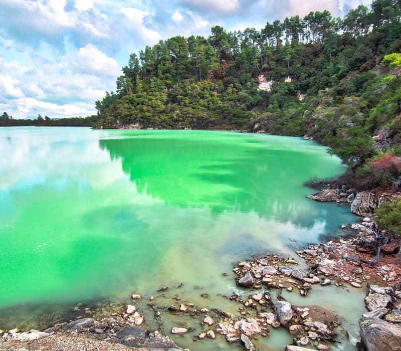 Vibrant green waters of Lake Ngakoro surrounded by native forest cliffs at Wai-O-Tapu Thermal Wonderland. Credit: Shutterstock - Kevin Wells Photography