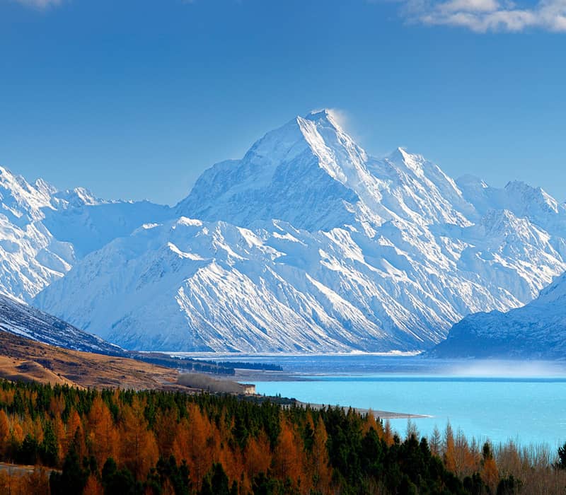 Aoraki Mount Cook with lake and forest in New Zealand.