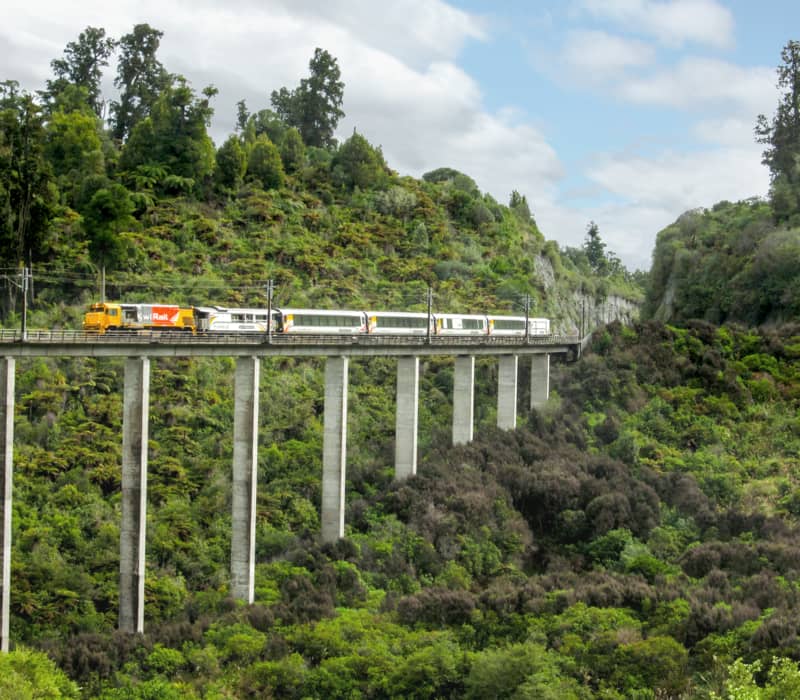Northern Explorer train crossing Hapuawhenua Viaduct over green forested landscape.