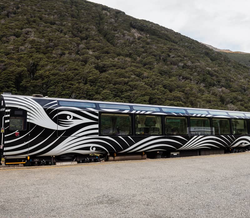 Scenic train carriage with black and white design parked by forested mountains in Arthur's Pass.
