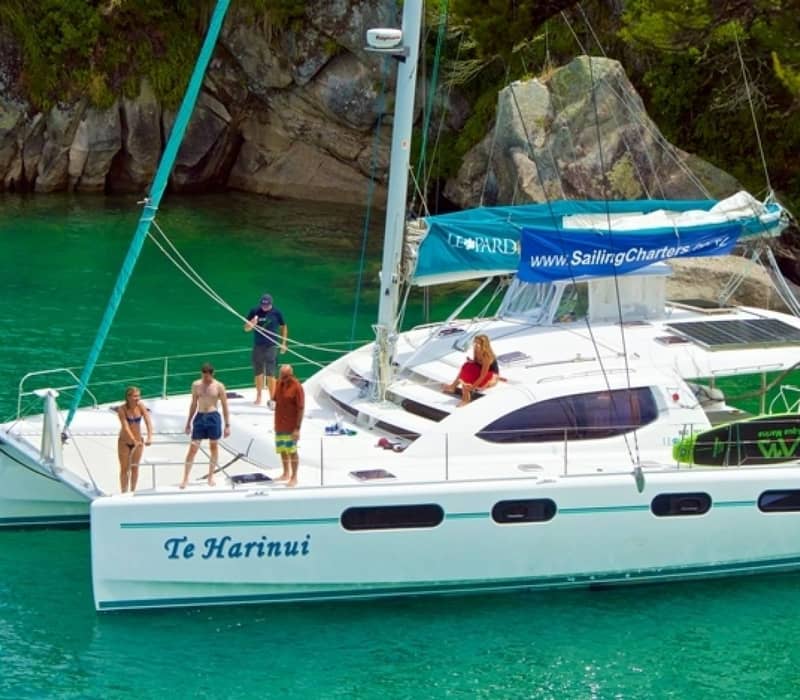 People on a white catamaran named Te Harinui in green water with a paddleboarder nearby.