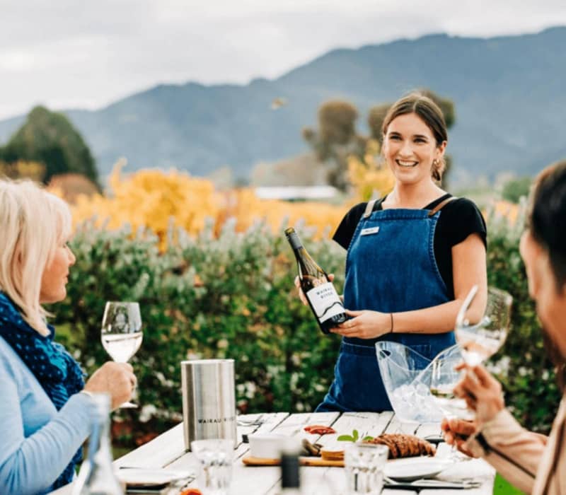 People enjoying outdoor wine tasting with a smiling host pouring wine at a vineyard with mountains behind.