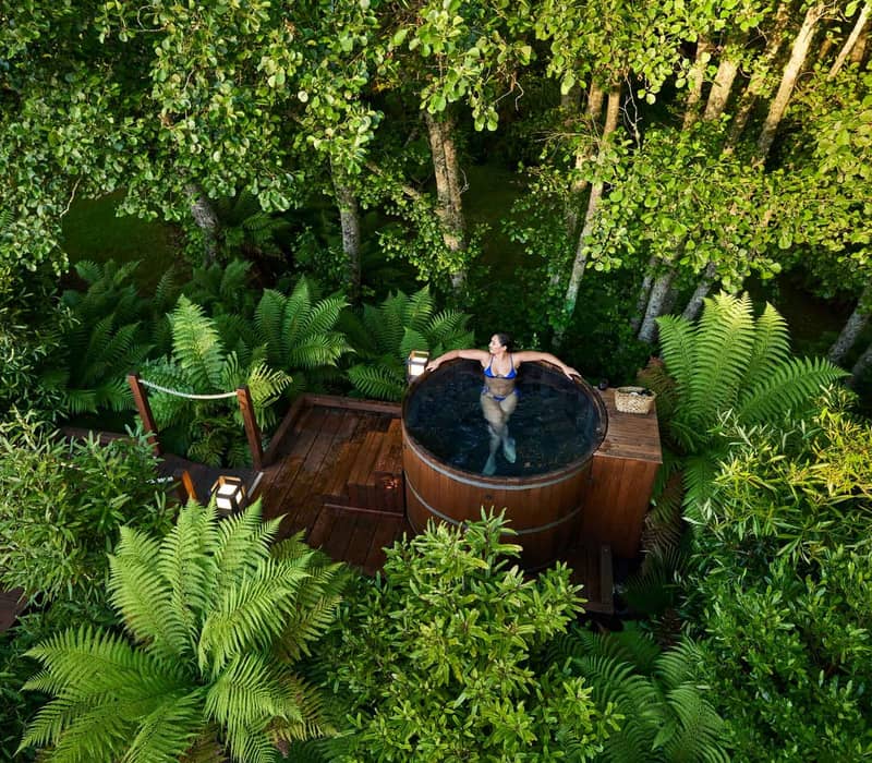 Woman in blue swimsuit relaxing in wooden hot tub surrounded by lush green ferns and trees on a deck.