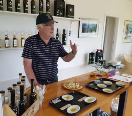 Man in striped shirt and hat explaining olive oil tasting in a tasting room with bottles and samples.