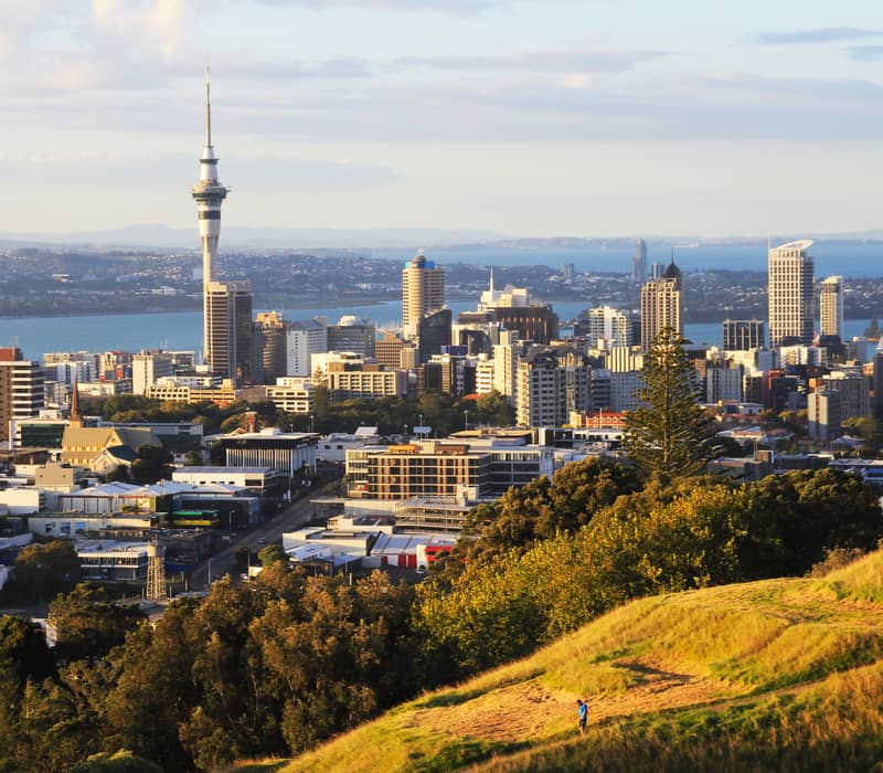 High-angle panoramic view of Auckland city buildings and the Sky Tower under a bright blue sky.