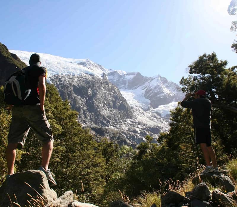 Two hikers view a glacier and mountain surrounded by forest on a sunny day.