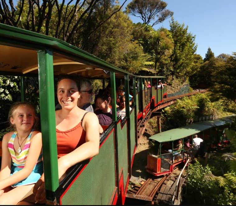 People smiling and riding a green train on a curved track surrounded by trees and greenery.