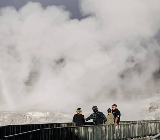 Visitors observing steam from a geyser in Rotorua.