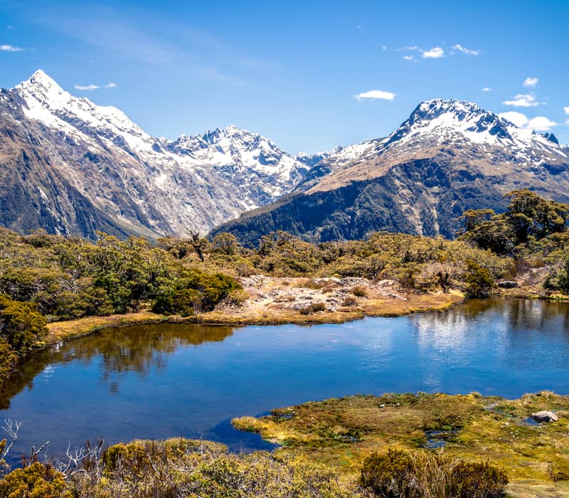 Snowy mountains reflecting in a clear lake with surrounding shrubs under a blue sky