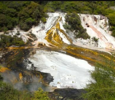 Geothermal landscape with steaming vents and colorful mineral deposits surrounded by greenery.