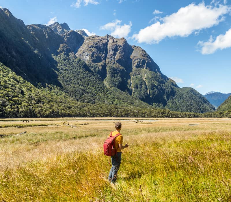 Hiker in red backpack standing in golden field with mountains and blue sky