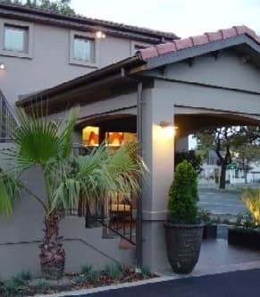 Exterior view of Terra Vive Luxury Suites with covered entrance, palm tree, and evening lights.