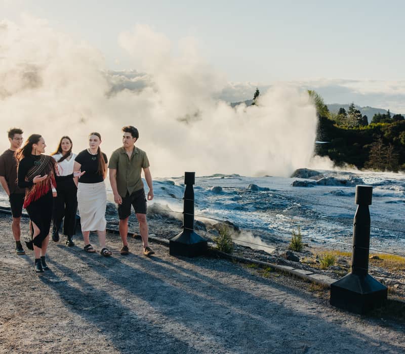 Group of people walking near a steaming geyser in a natural outdoor setting.