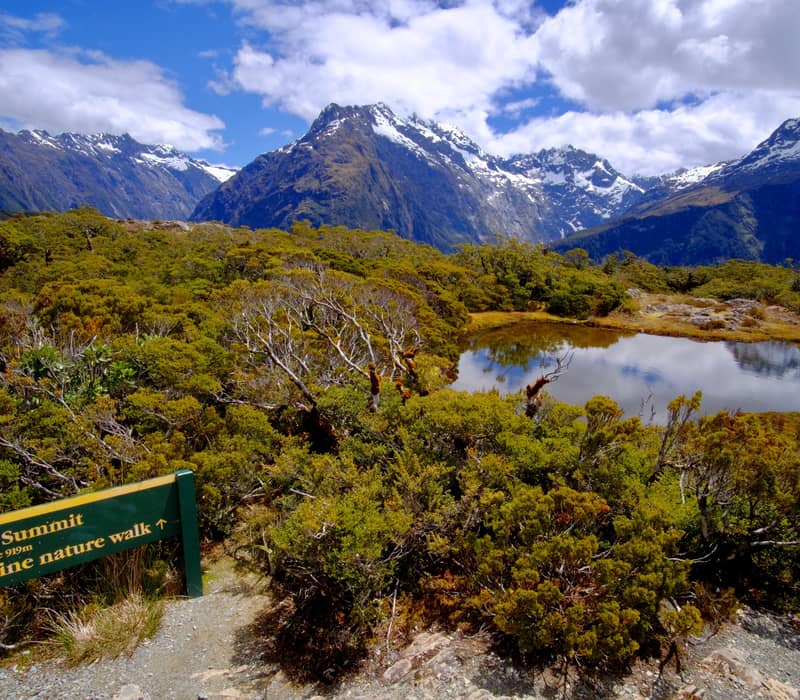 Mountain valley with hiking trail, forests, and snow-capped peaks under blue sky with clouds.