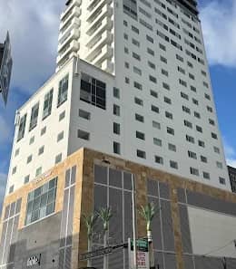 Tall modern white building with many windows and palm trees at street level under blue sky. Credit: Fable Christchurch