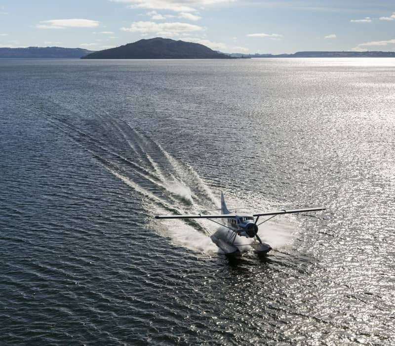 Seaplane taking off from calm water with island in distance on a sunny day.