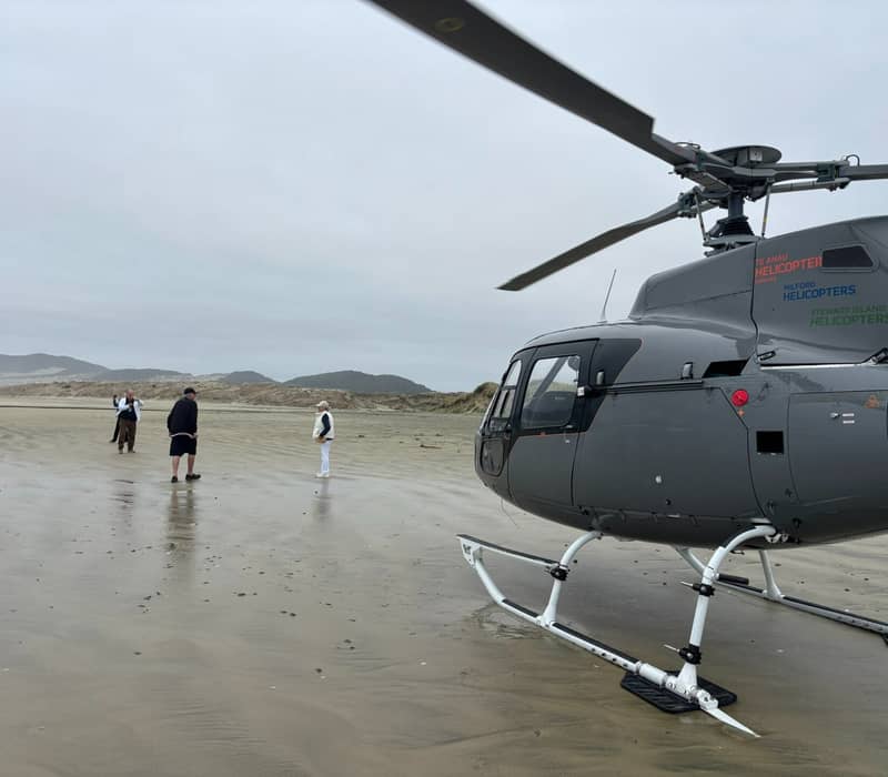 Helicopter landed on a beach with three people standing on wet sand and cloudy sky overhead.