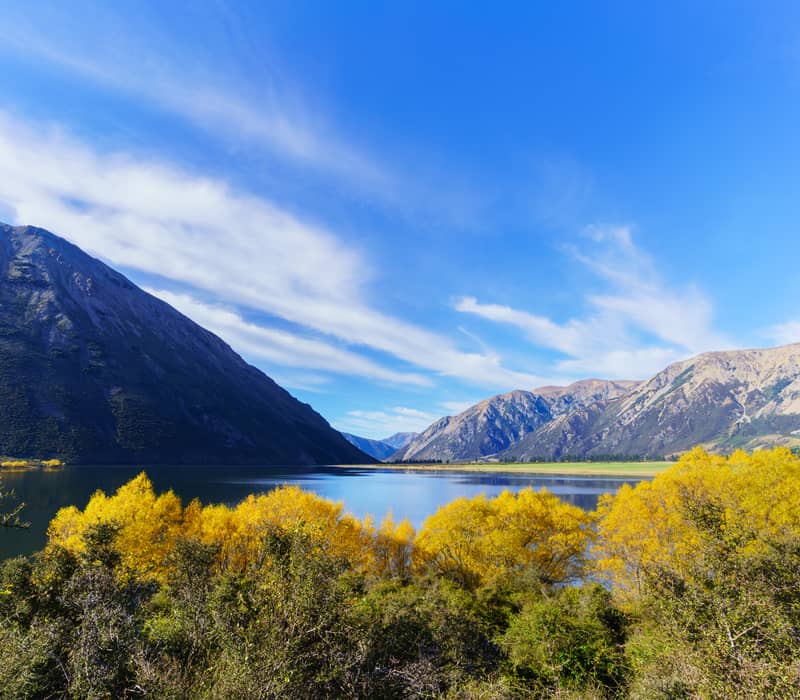 Golden autumn trees on the edge of a lake with large scree-covered mountains in the background.