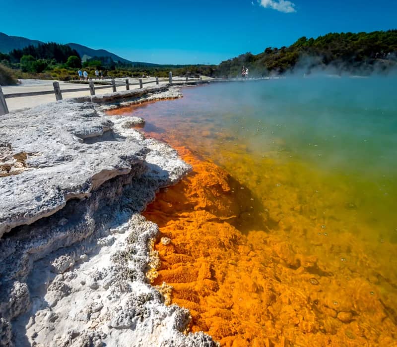 A close-up view of the vibrant orange mineral edge and turquoise steaming water of the Champagne Pool, with a wooden boardwalk and visitors in the background.