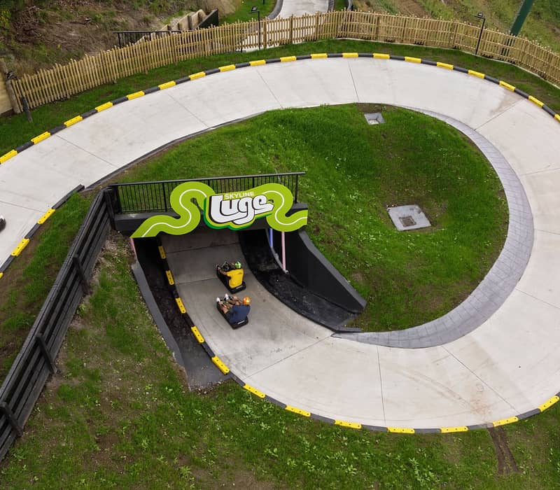 Four people luge riding on a curving concrete track with green grass and wooden fences around.