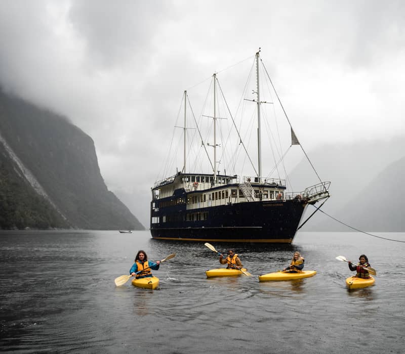 Four kayakers paddling in yellow kayaks near a cruise ship in a misty mountain fjord.