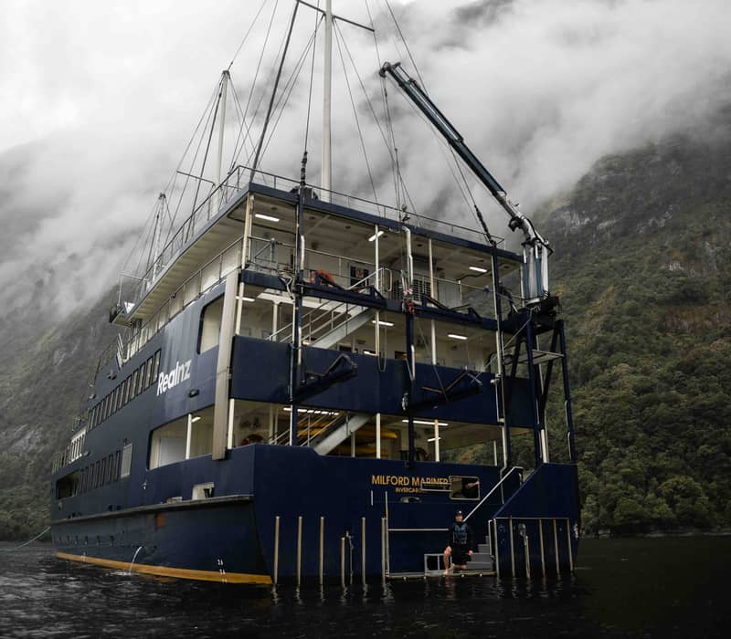 Large cruise ship docked in misty mountainous water with a person at the rear boarding area.