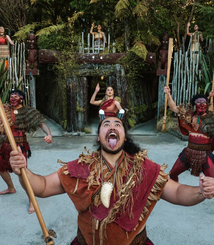 Maori kapa haka group performing traditional dance with spears and face paint in forest setting.