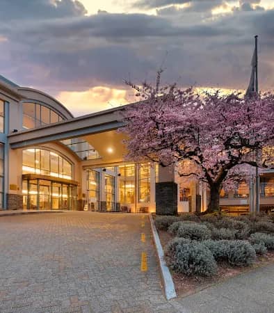 Entrance of Millennium Hotel Queenstown with glass windows and a blooming cherry blossom tree at sunset.
