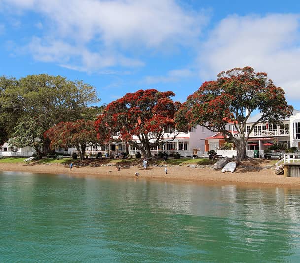 Waterfront scene with blooming trees, houses, sandy beach, and people near calm green water under blue sky.