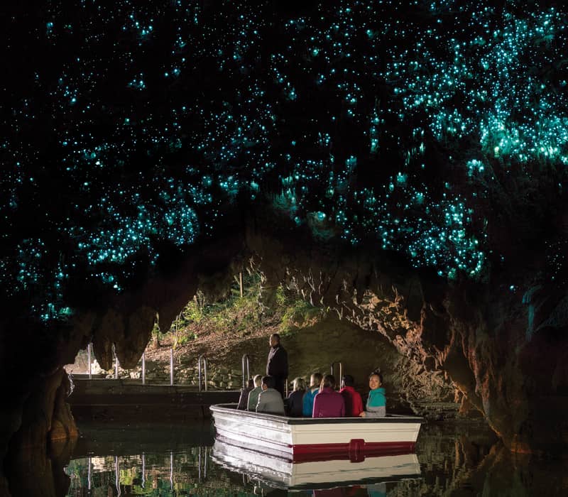 People in a boat inside Waitomo Glowworm Cave with glowing blue lights on the cave ceiling.
