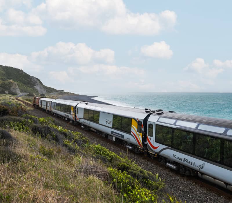 Coastal Pacific train traveling along a railway beside the ocean and green hills under a cloudy sky.