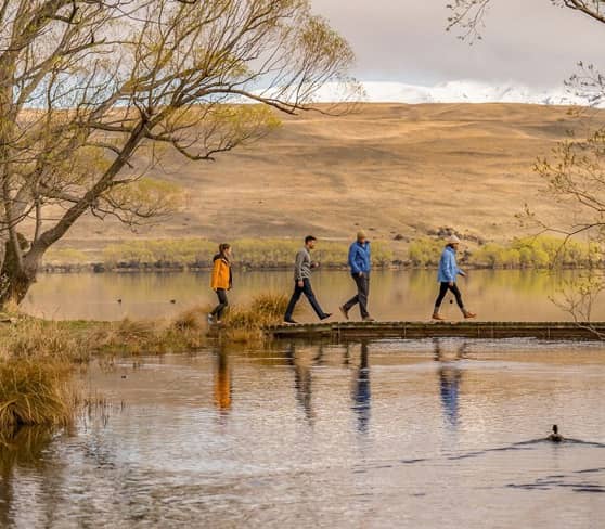 Travelers walking by Lake Alexandrina, Tekapo with trees and hills in the background.