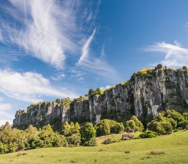 Cliffside landscape with green trees and grass under a blue sky with clouds.
