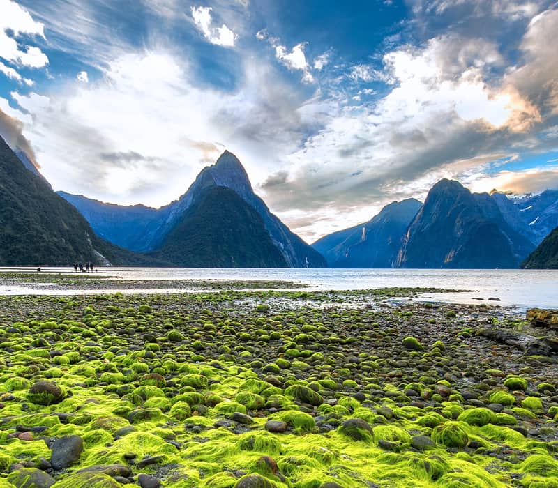 View of a lake surrounded by green moss-covered rocks and tall mountains under cloudy sky.