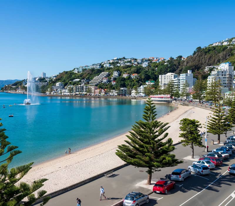 A high-angle, sunny view of Oriental Bay in Wellington, New Zealand, featuring a golden sand beach, clear turquoise water with the Carter Fountain spraying into the air, and hillside houses under a clear blue sky. Credit: Wirestock Creators - Shutterstock