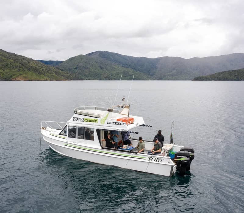 People fishing on a boat on calm water with mountains in the background under cloudy sky.