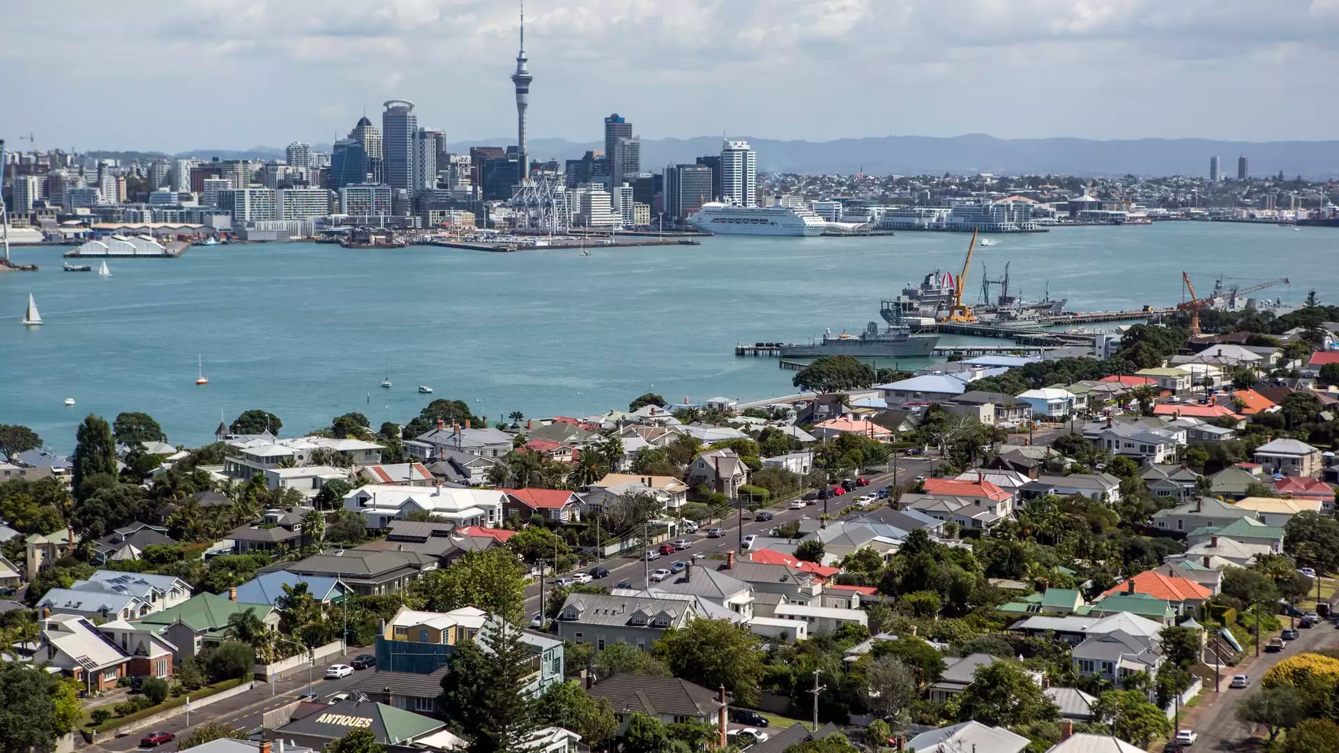 Auckland cityscape with Sky Tower and Waitematā Harbour.