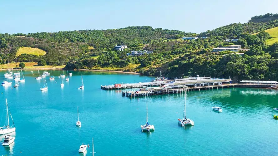 Waiheke Island's turquoise bay with sailboats and green hills.