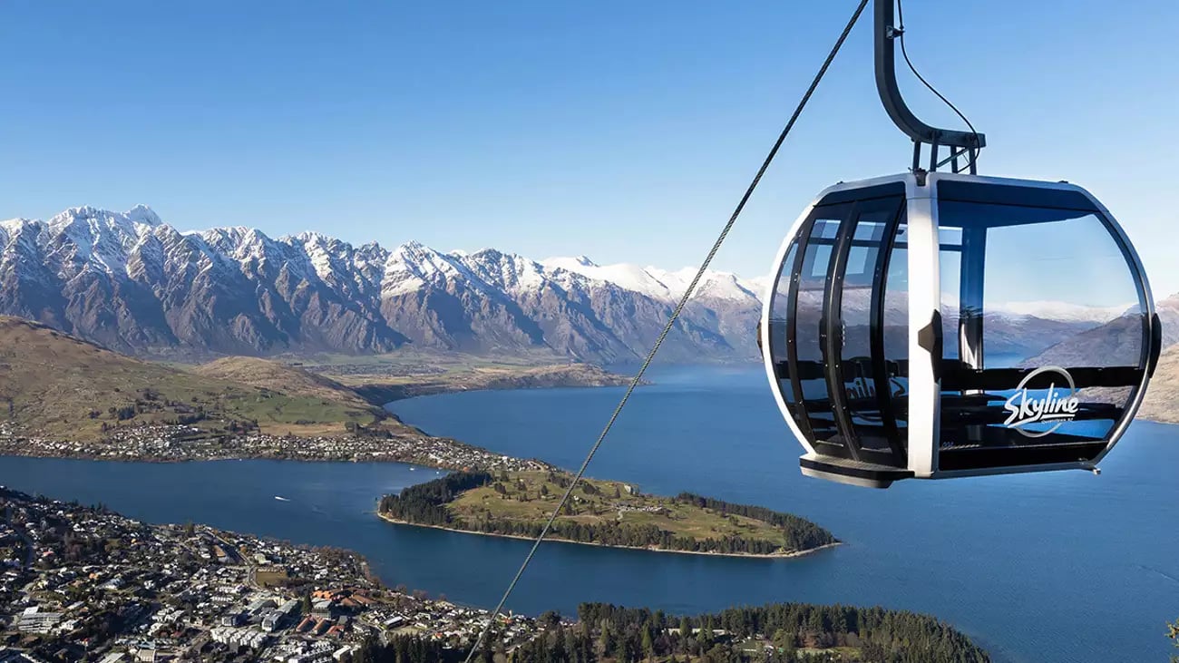 Queenstown gondola view over Lake Wakatipu and Remarkables mountains.