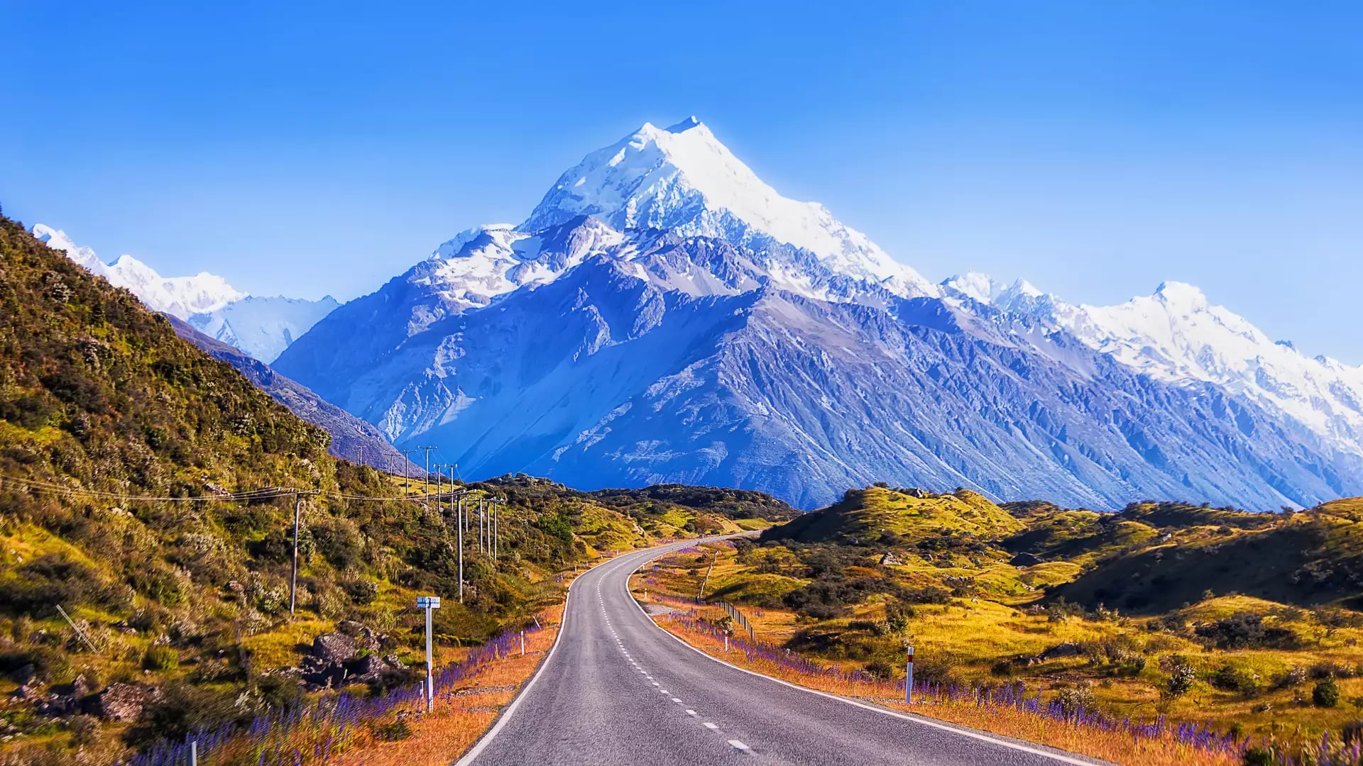 A Long curing road leading up to Mt Cook with snow on the top and green verges 
