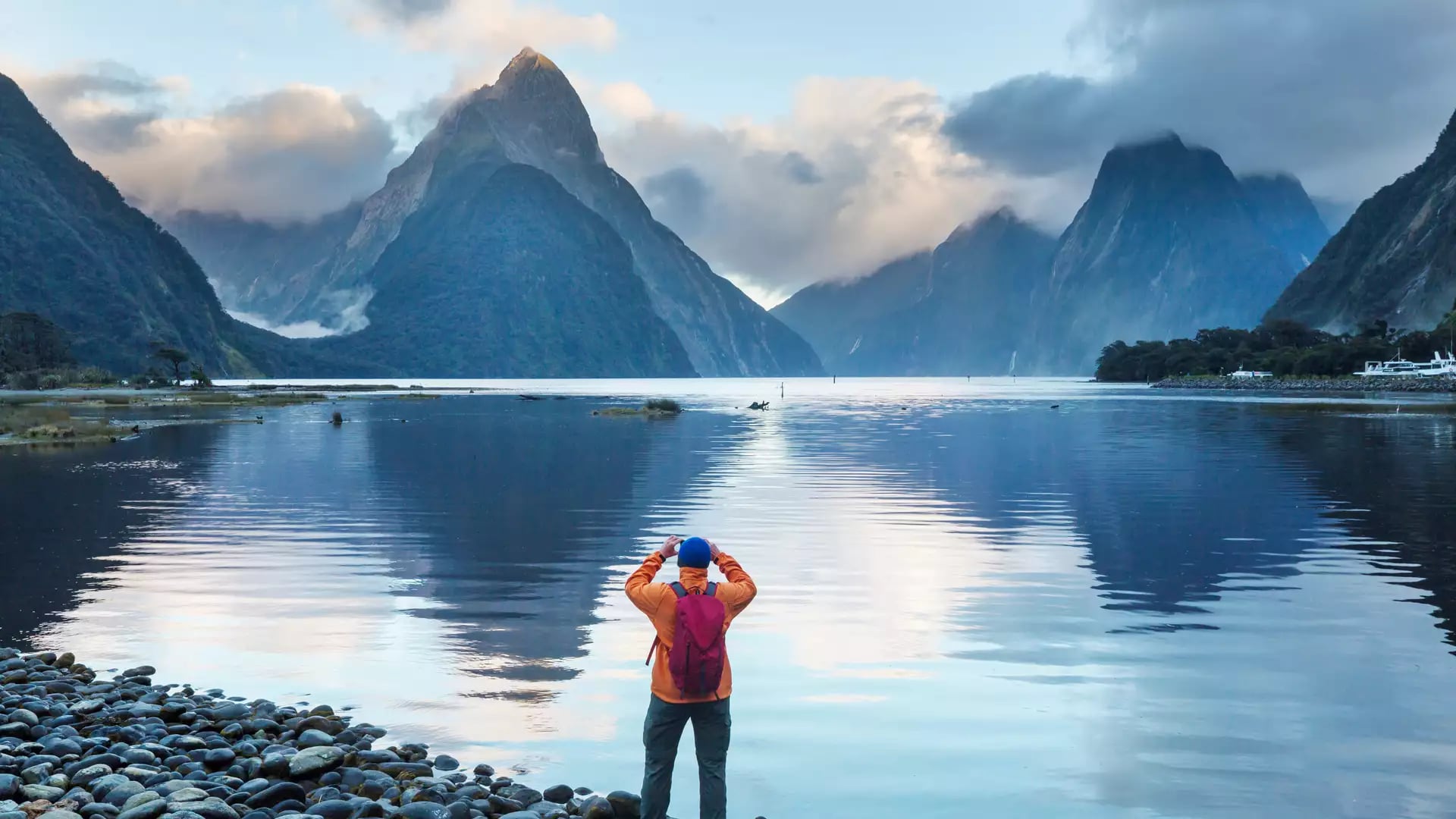A person in an orange coat looking out over Milford Sound with water and hills in the background