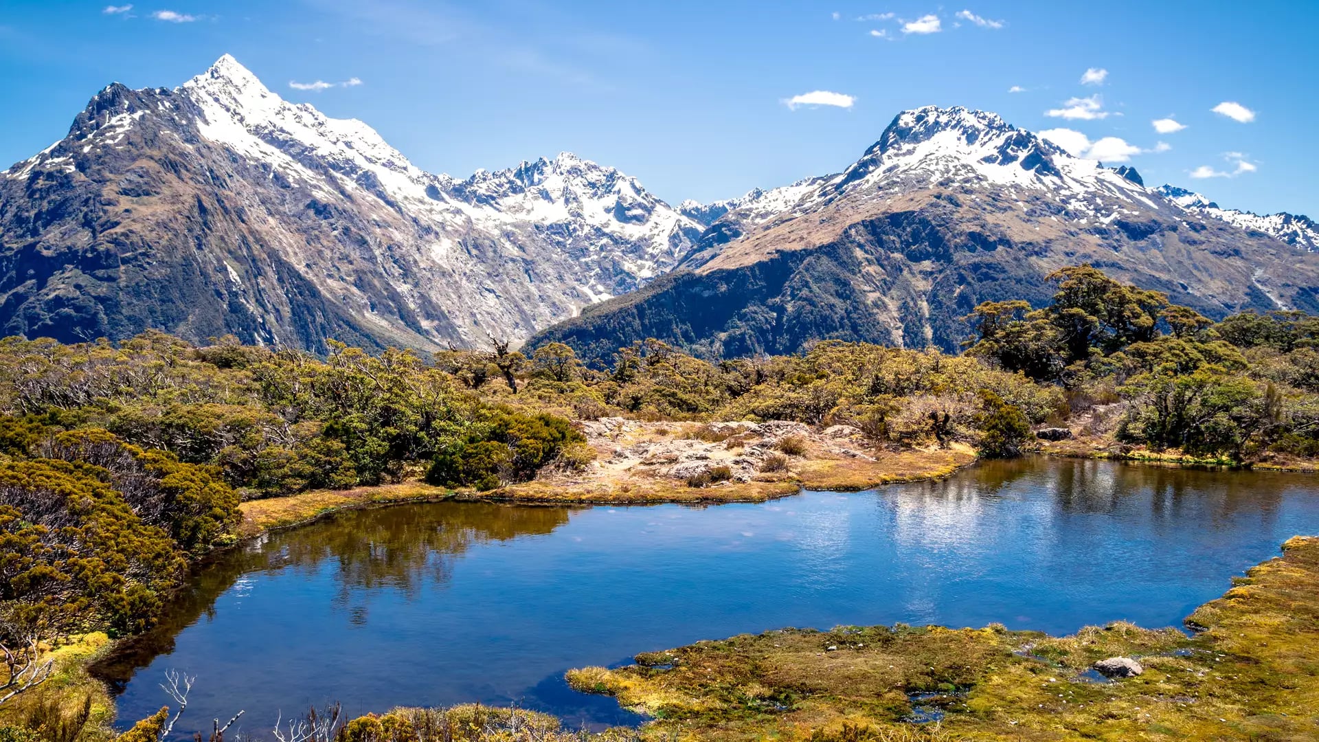 Snowy mountains reflecting in a clear lake with surrounding shrubs under a blue sky