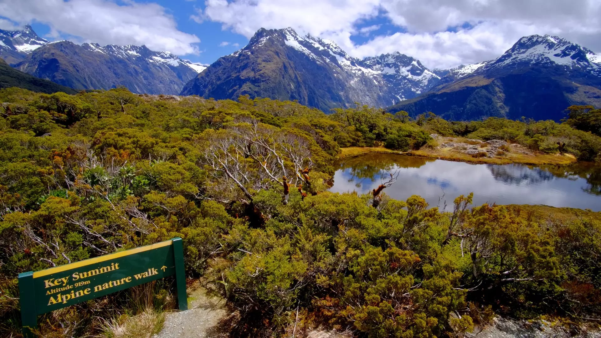 Mountain valley with hiking trail, forests, and snow-capped peaks under blue sky with clouds.