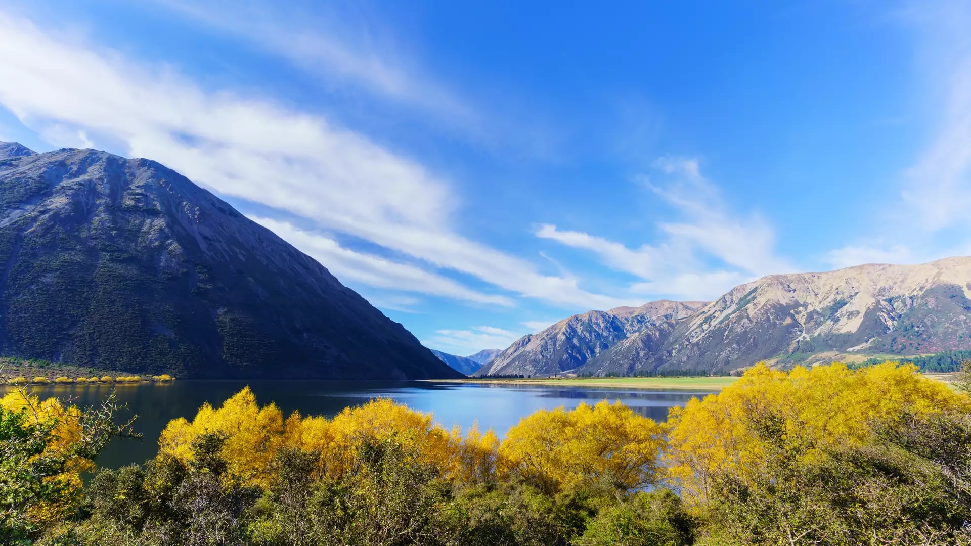 Golden autumn trees on the edge of a lake with large scree-covered mountains in the background.
