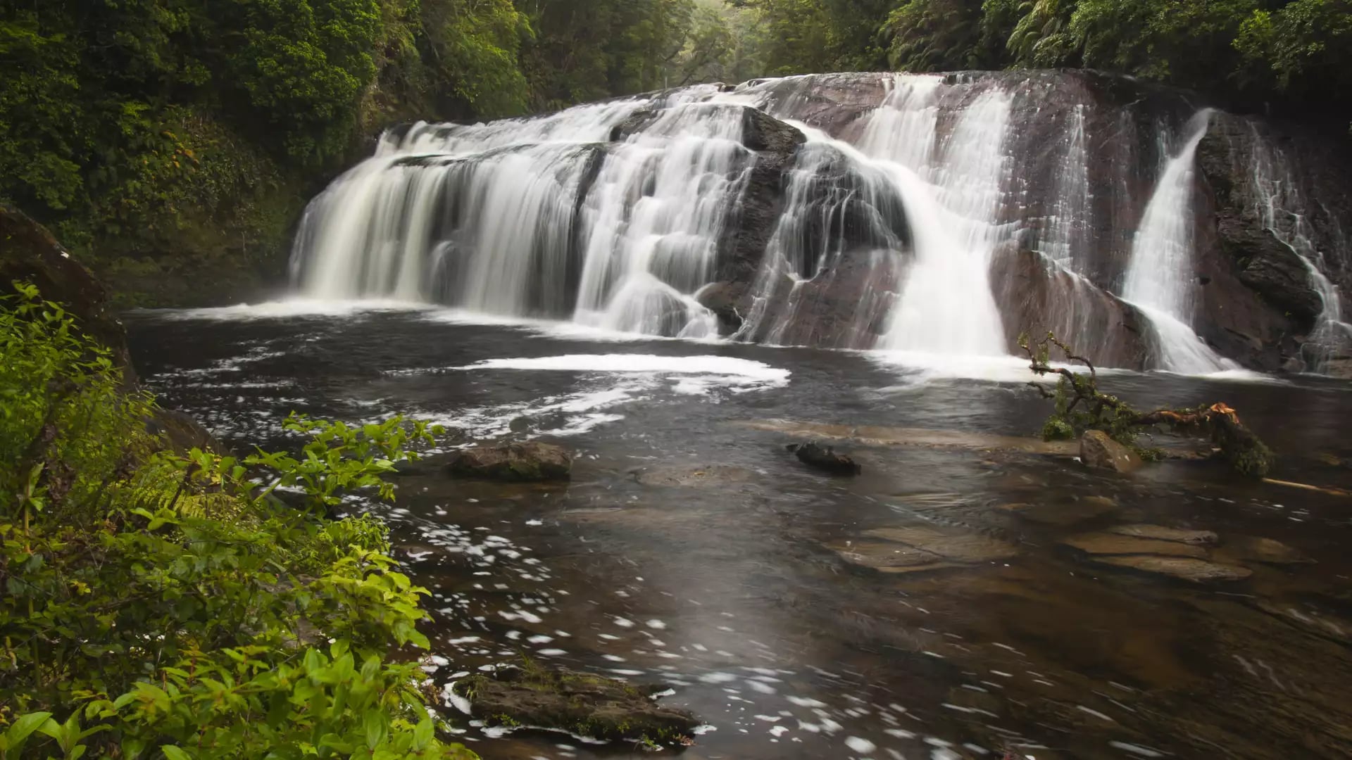 Waterfall flowing over rocks in a lush green forest with a river below.