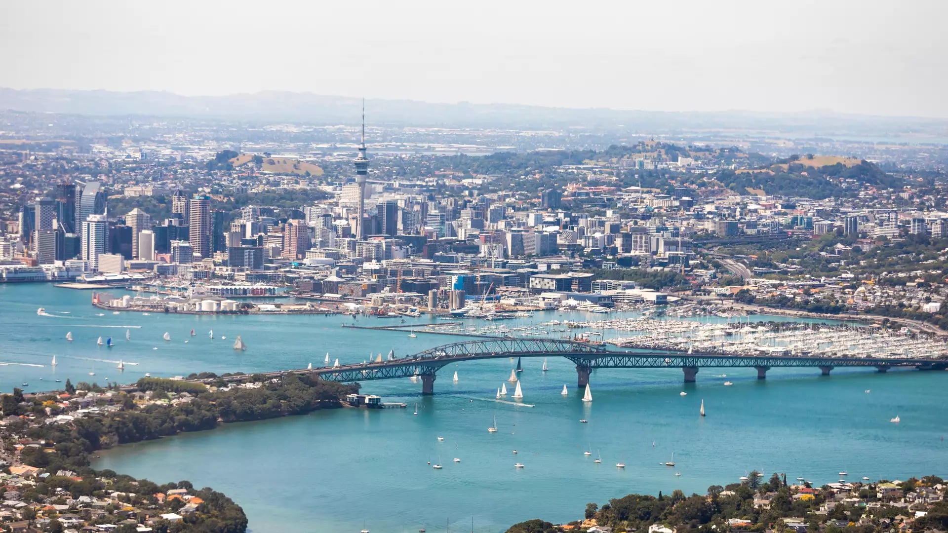 Auckland Harbour Bridge with city skyline and sailboats on blue water under clear sky.