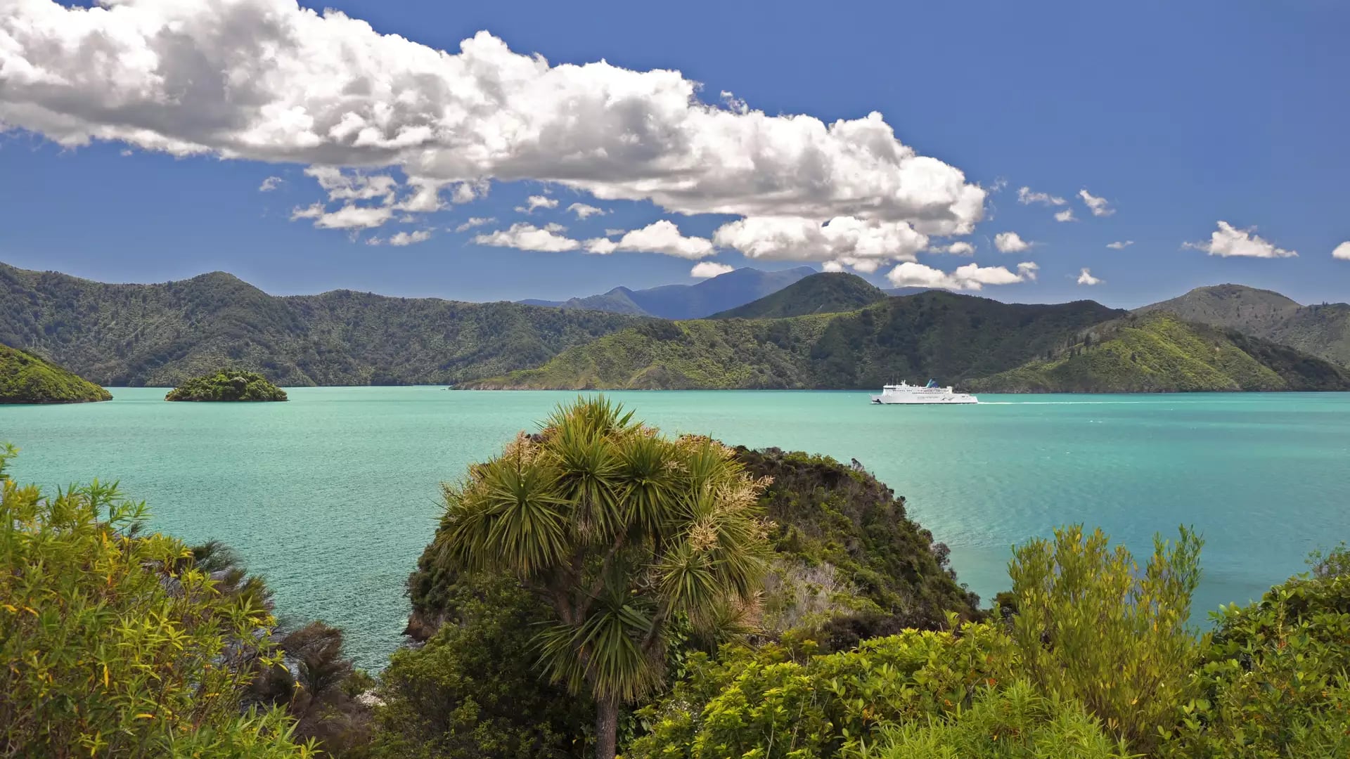 White ferry on turquoise bay water with green islands and hills, under blue sky with clouds.