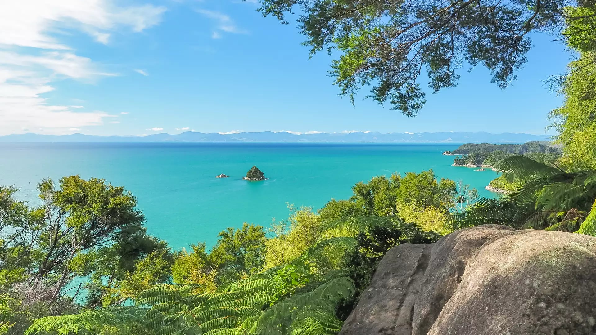 Looking through green trees at a small rocky island in a bright blue sea.