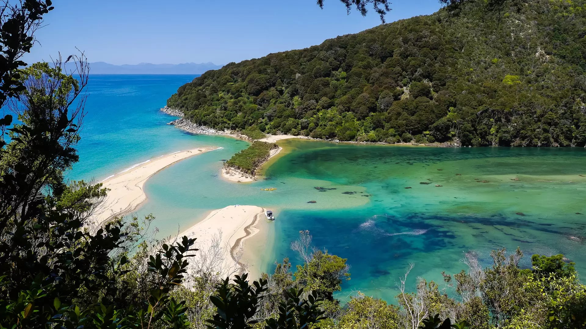 A white sandbar separates a deep blue ocean from a turquoise tidal lagoon and forest.
