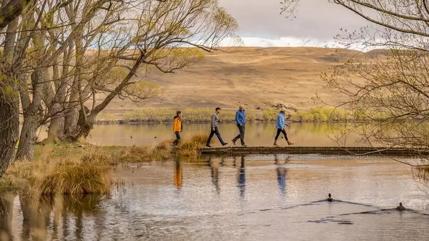 Travelers walking by Lake Alexandrina, Tekapo with trees and hills in the background.